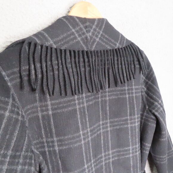 Michael Kors Fringe Belted Wrap Coat Medium Black Light Gray Plaid Wool Blend - Picture 5 of 14